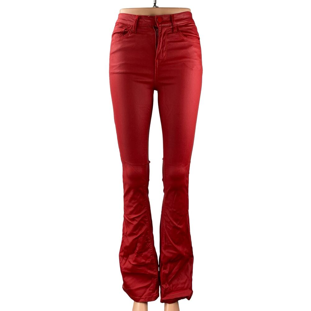 Edikted Luna Women's Faux Vegan Leather Mid Rise Skinny Flare Trousers Pants XS